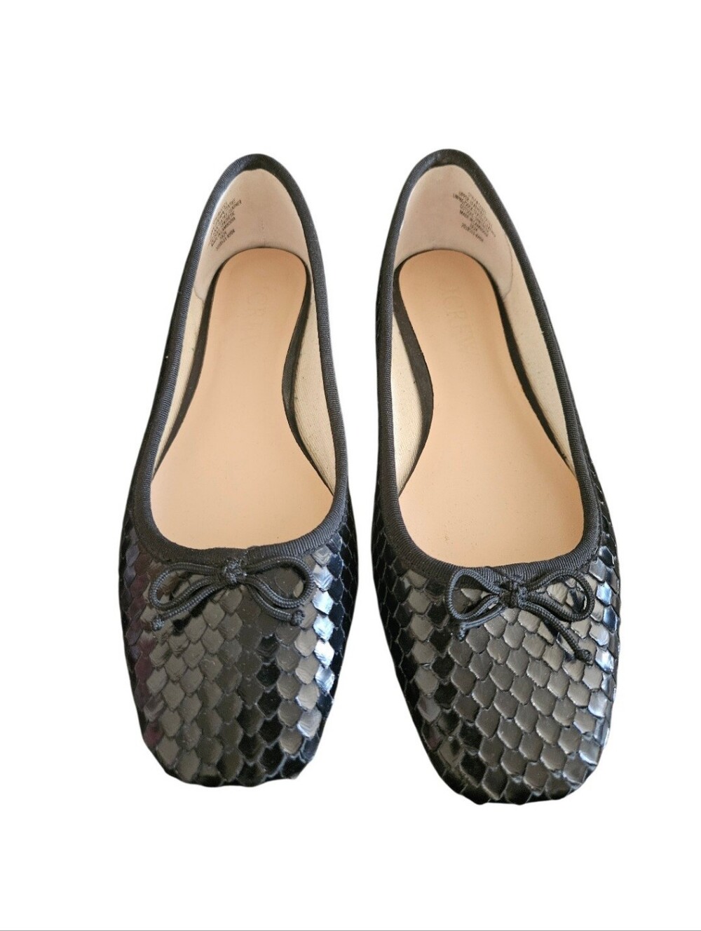 J Crew Quinn Square Toe Black Ballet Flats Snake Embossed Leather Womens Size 7